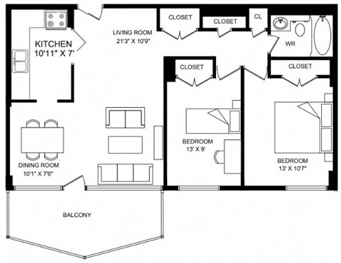 Floor plan for 2 beds, 1 bath, 863 sqft